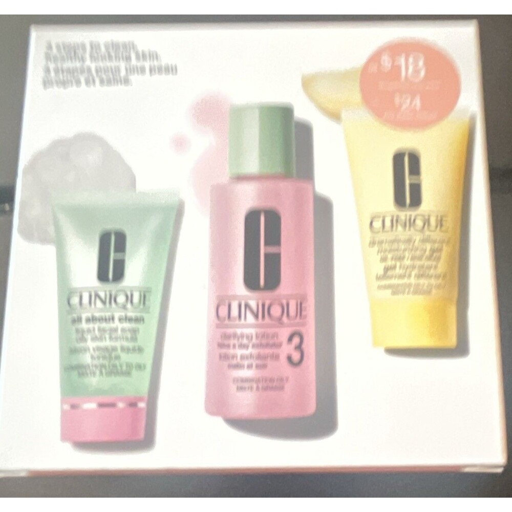 Clinique Skin School Travel Size 3-Step Face Set Cleanser Exfoliant Moisturizer